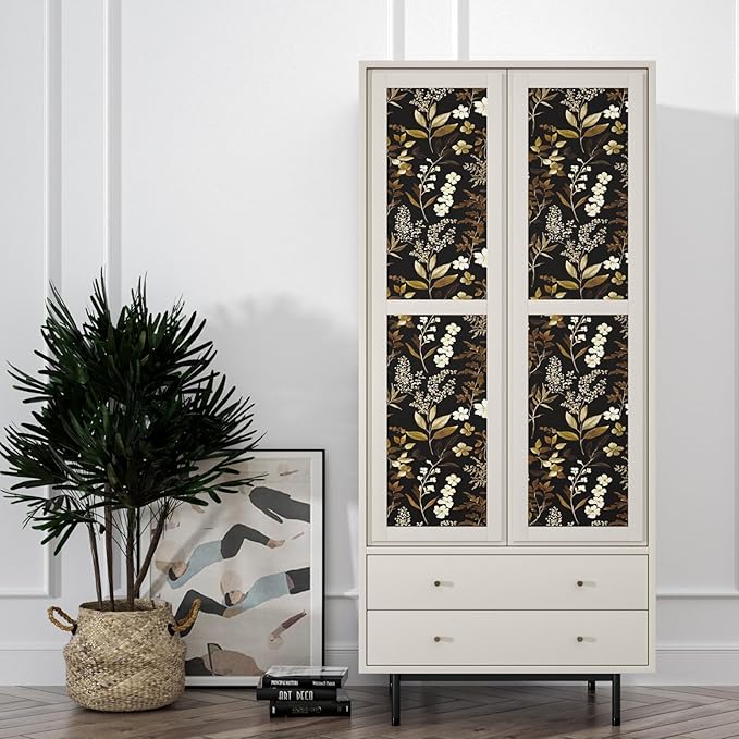 Vintage Wallpaper Peel and Stick Black Floral Wall Paper 17.4" x 118" Black Gold Contact Paper Self-Adhesive Wall Covering for Bedroom Desk Cabinet Decor