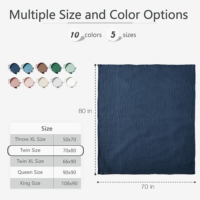 Carriediosa 100% Cotton Muslin Throw Blanket 70" X 80" Twin Size,4-Layers Summer Gauze Throws for Bed Couch,Soft Lightweight Breathable Linen Blankets Bedspread for Adults All Season,Navy Blue