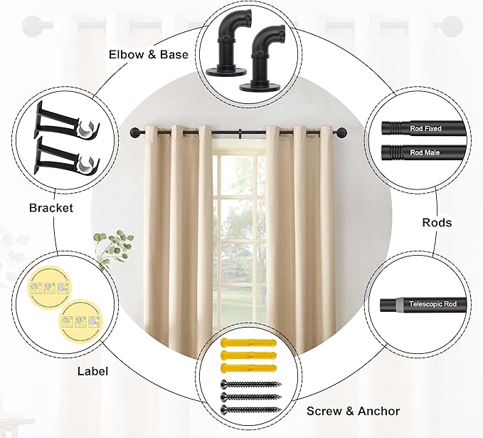 OEMQOBE Curtain Rods for Windows 16 to 74 Inches, Heavy Duty Industrial Curtain Rods 2 pack, Adjustable Wrap Around Blackout Curtains Rod, Black 1 Inch Indoor/Outdoor Curtains Rod