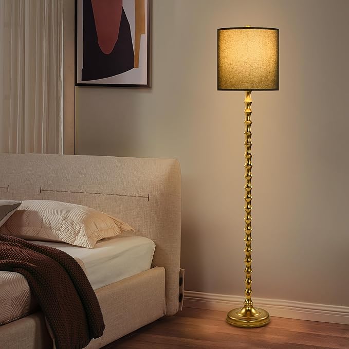 64.5" Gold Floor Lamp with Black Lampshade, Black Gold Floor Lamp for Living Room, Golden Bamboo Standing Lamps for Bedroom, Antique Brass Standing Lamps Tall Skinny for Home Office, Corner