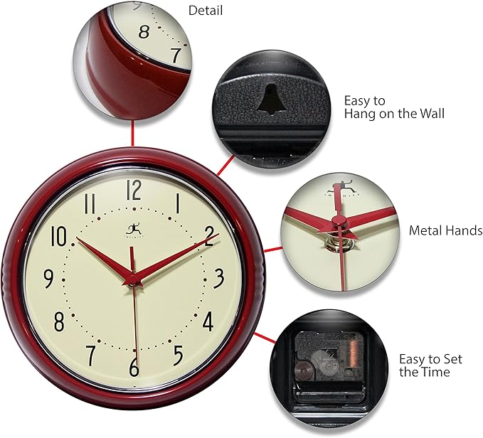 Infinity Instruments LTD. Retro 12 inch Silent Sweep Non-Ticking Mid Century Modern Kitchen Diner Wall Clock Quartz Movement Retro Wall Clock Decorative (Red)