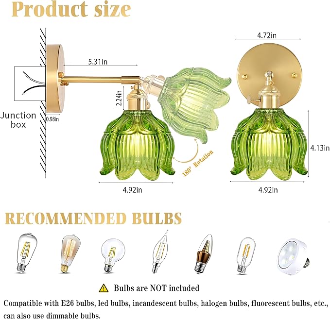 Vintage Wall Sconces,Wall Lamp with Flower Lampshade,3 Color Temperatures Wall Lights,Hradwired Wall Lighting Fixture for Bedside Bathroom Bedroom Doorway (Flower Green, 1 Light Hardwired)