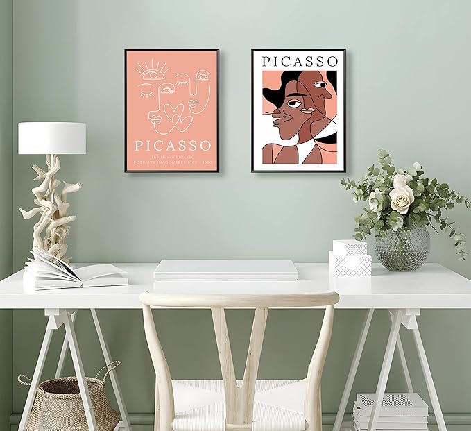2pcs Picasso style abstract wall art abstract lines woman face painting canvas art print poster modern minimalist wall decor suitable for, office living room, bedroom and bathroom decoration Unframed