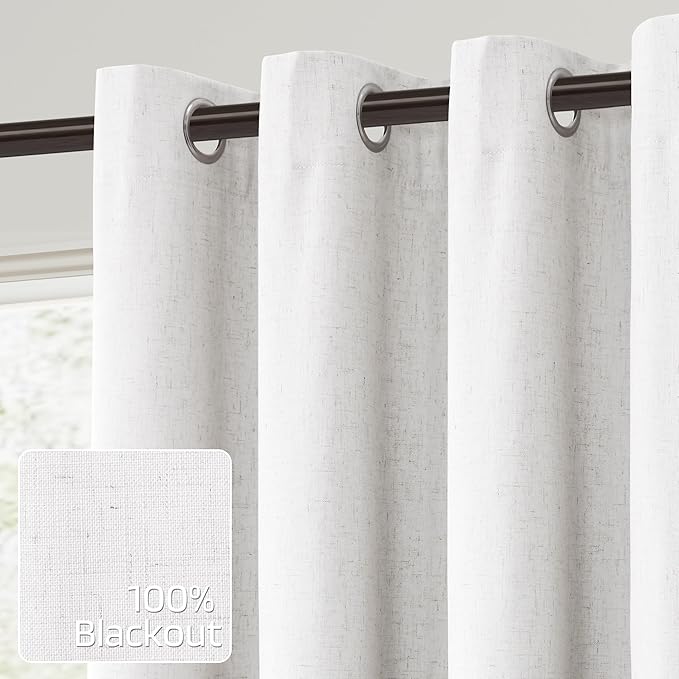 100% Blackout Linen Curtains for Bedroom Thermal Insulated Grommet Complete Blackout Drapes 72 Inch Length 2 Panels Set Heat Full Light Blocking Living Room Darkening Curtains Beige White 52Wx72L