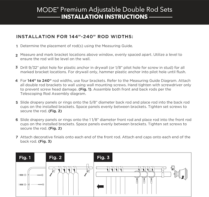 MODE Premium Collection Double Curtain Rod Set (1 1/8" Front Rod and 5/8" Back Rod) with Mod Doorknob Curtain Rod Finials, Wall Mounted Adjustable Curtain Rod, Fits 144” to 240” Windows, Brushed Gold