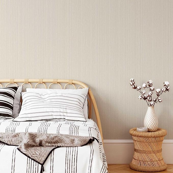 20.8" x 196.8" Grasscloth Wallpaper, Beige Textured Peel and Stick Wallpaper for Decor Bedroom Kitchen Cabinet