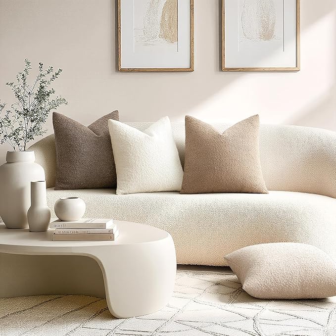 ANRODUO Pack of 2 Textured Boucle Throw Pillow Covers Soft Beige Euro Decorative Accent Solid Pillow Cases Cozy Modern Couch Cushion Case for Chair Sofa Bedroom Living Room Home Decor, 22 x 22 Inch