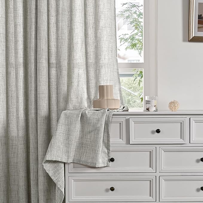 YoungsTex Dark Grey Linen Curtains 45 Inch Length for Short Window, Semi Sheer Drapes with Back Tab Rod Pocket Light Filtering for Kitchen Bathroom Bedroom, 2 Panels, 42 X 45 Inch