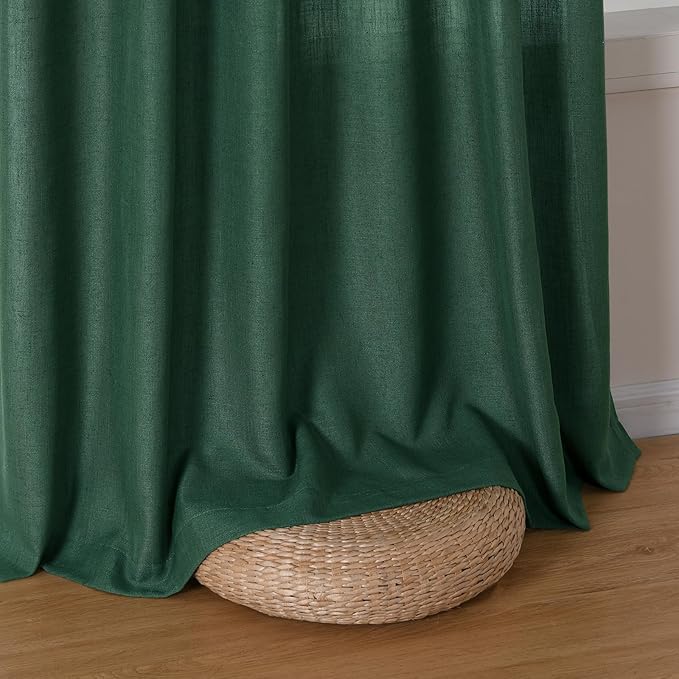 Guken Green Linen Curtains 96 Inch Length for Living Room Bedroom 2 Panels Set Rod Pocket Light Filtering Semi Sheer Window Curtains 52 Inch Width Boho Farmhouse Linen Drapes, W52xL96