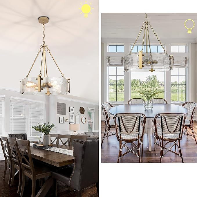 IKK Modern Textured Glass Chandelier, Gold Dining Room Chandelier, Elegant Drum Farmhouse Crystal Light Fixture, Round Lighting for Living Room, Foyer Kitchen Island Bedroom Bathroom D=21