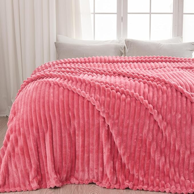 NEWCOSPLAY Super Soft Throw Blanket Coral Pink Premium Silky Flannel Fleece 3D Ribbed Jacquard Lightweight Bed Blanket All Season Use (Coral Pink Ribbed, Throw(50"x60"))