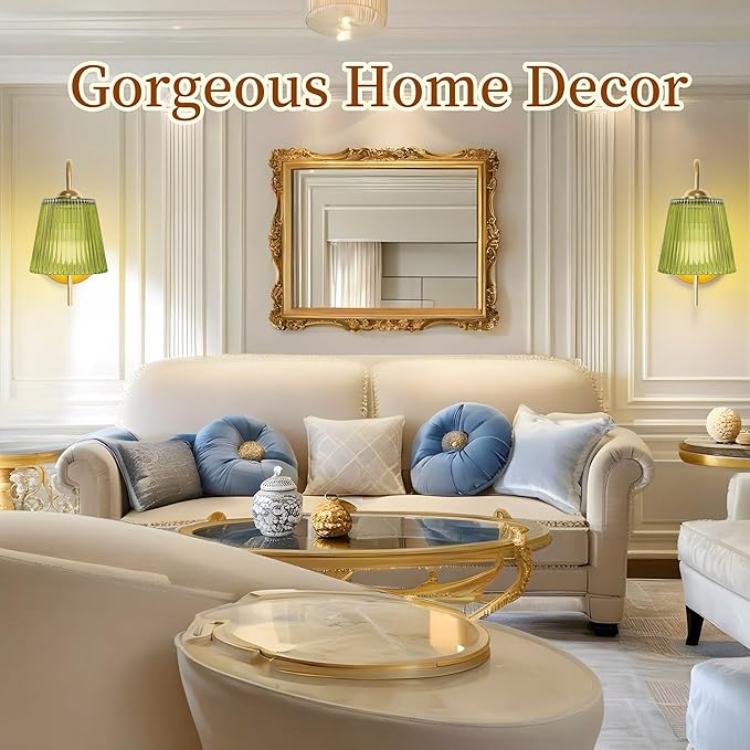 Vintage Battery Operated Wall Sconce with Flower lampshade,Rechargeable Battery Powered Wall Lights,Wall lamp With 15 Colors for Bedroom Living Room Home Decor (Green Stripe, 2 Light Battery Operated)