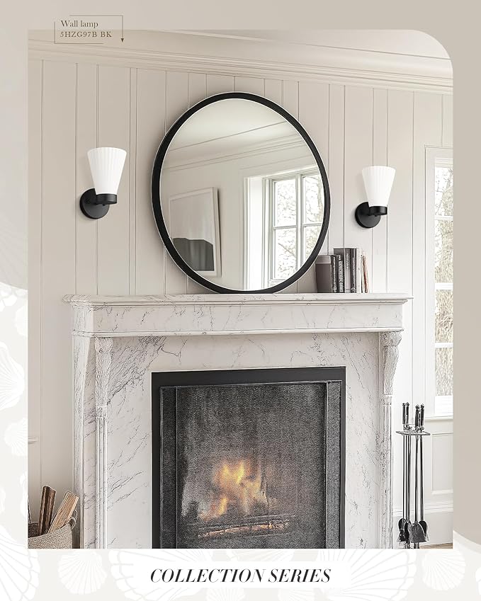 Bathroom Wall Sconce Set of Two, HWH Wall Vanity Light with Frosted White Striped Shade, Industrial Wall Lamp Matte Black for Bathroom Doorway, 5HZG97B-2PK BK