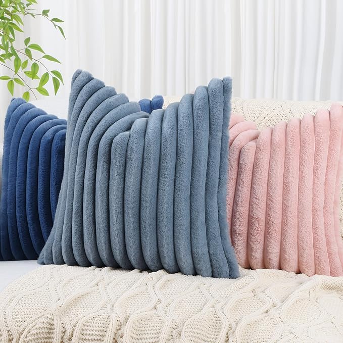 decorUhome Faux Fur Throw Pillow Covers 22x22 Set of 2, Decorative Soft Plush Striped Neutral Couch Euro Pillow Covers with Velvet Back for Sofa, Bed, Living Room Home Decor, Grey Blue