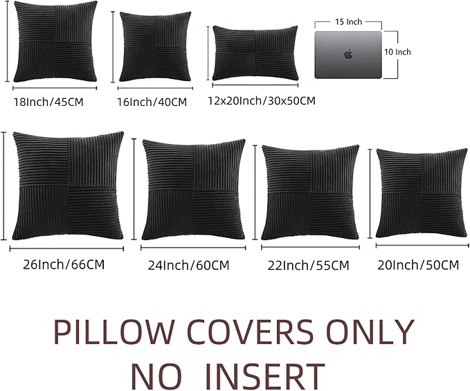 Fancy Homi Black Decorative Throw Pillow Covers 20x20 Inch for Living Room Couch Bed Sofa, Rustic Farmhouse Boho Home Decor, Soft Corss Corduroy Patchwork Accent Square Cushion Case 50x50 cm