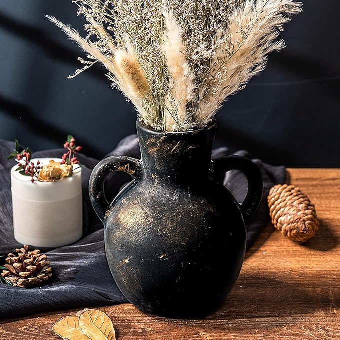 Rustic Ceramic Farmhouse Flower Vase with 2 Handles, Whitewashed Terra Cotta Vase, Decorative Pottery Flower for Home Decor, Table, Living Room, Shelf Decor, 7.3 Inch, Bronze