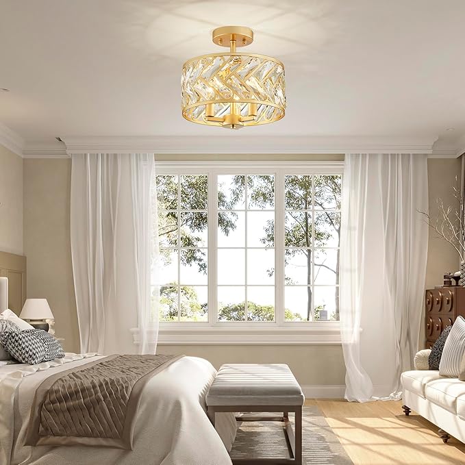 Shrine Lighting Crystal Ceiling Light, Gold Crystal Chandelier for Living Room, D12.4'' x H11.2'', E12*3 Sockets, Ctystal Lampshade & Gold Finish Frame