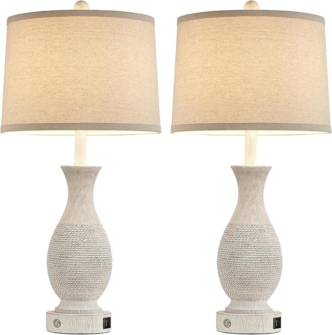 28" Rustic Farmhouse Table Lamps for Living Room Set of 2 Bedroom Lamps for Nightstand with USB A+C Charging Ports, 3-Way Dimmable Touch Bedside Lamp, Off-White, Linen Lampshade, LED Bulbs Included