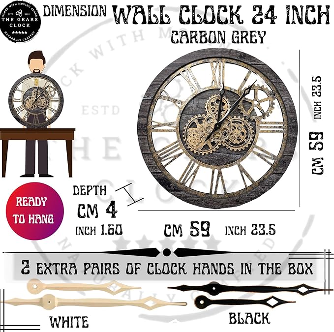 ImprovingLife The Gears Clock The Original Real Moving Gear Wall Clock Vintage Industrial Oversized Rustic Farmhouse (24 inch (60cm), Vintage Carbon Grey and Bronze)