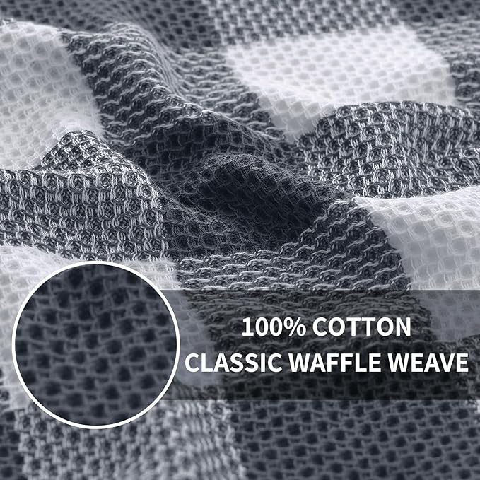 Homaxy 100% Cotton Waffle Weave Check Plaid Kitchen Towels, 13 x 28 Inches, Super Soft and Absorbent Dish Towels for Drying Dishes, 4-Pack, White & Dark Grey