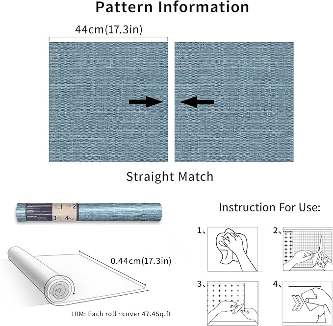 Simon&Siff Grey Blue Textured Grasscloth Peel and Stick Wallpaper 17.7"x394" Faux Grassweave Waterproof Self Adhesive Removable Wallpaper Mural for Home Decor Bedroom Kitchen Cabinet