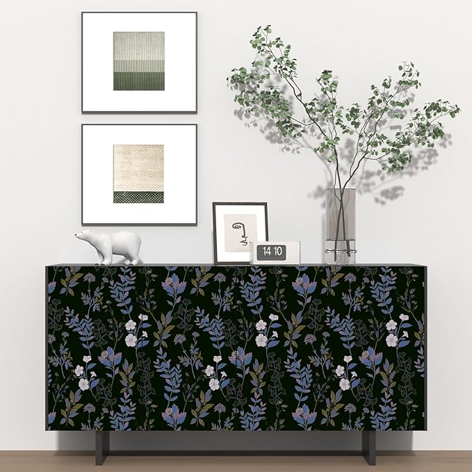 Black Blue Floral Wallpaper Peel and Stick Boho Blue Purple Leaf Contact Paper 17.4" X 118" Vintage Wallpaper Waterproof Self-Adhesive Dark Wall Covering for Bedroom Countertop Desk Cabinets