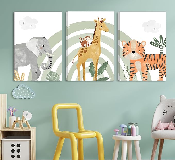 3Pcs Framed Safari Animals Canvas Wall Art elephant tiger giraffe Posters Prints Bohemian Rainbow elements Paintings Pictures wall decor for Nursery Baby Bedroom Decorations
