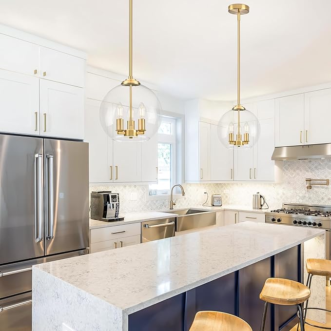 12" Gold Pendant Lights Glass Globe Pendant Light Fixture Bedroom Mid Century Modern Pendant Lighting Brass Pendant Light for Kitchen Island Bedroom Living Room Dinning Room (Bulb Incl.)