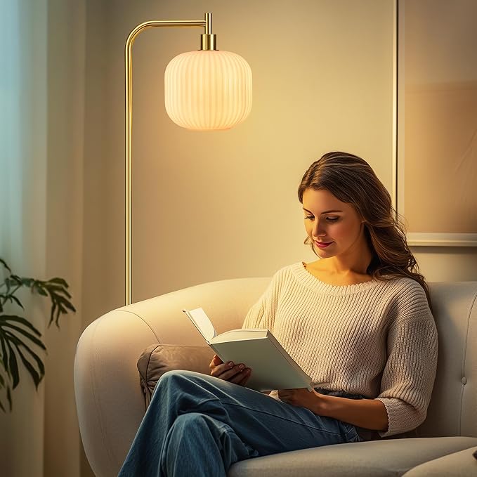 QiMH Glass Floor Lamp for Living Room, 67” Modern Standing Lamp with Cream Ribbed Glass Lampshade Pedal Switch Tall Lamp for Bedroom, Brushed Gold (2700K LED Bulb Included)