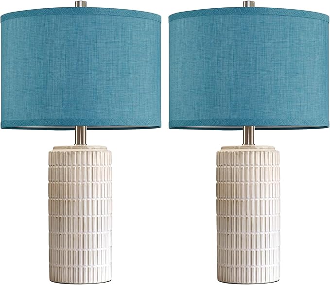 23" Modern Ceramic Nightstand Table Lamps Set of 2, Nautical Lamps for Bedroom Bedside, Side Table Lamps for Living Room, Dining Room, Office, 2 LED Bulbs Included (Blue)