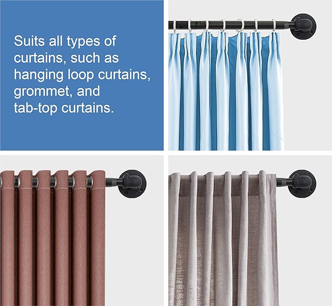 OEMQOBE Curtain Rods for Windows 16 to 144 Inches, Heavy Duty Industrial Curtain Rods 2 pack, Adjustable Wrap Around Blackout Curtains Rod, Black 1 Inch Indoor/Outdoor Curtains Rod