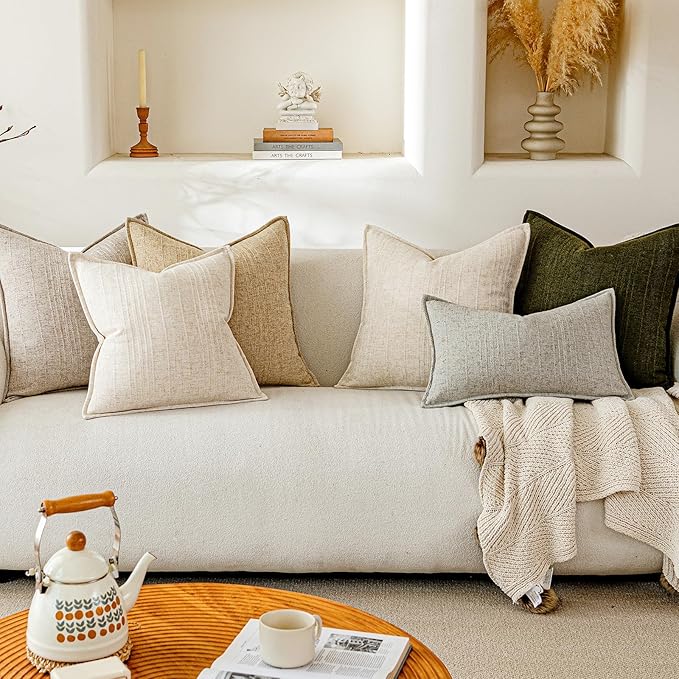 a moment Linen Pillow Covers Set of 2,Boho Farmhouse Throw Pillowcases Neutral Textured Decorative Covers for Couch Sofa,Linen Blend Accent Case Cushion Living Room Home Decor 24"x24"Beige Grey