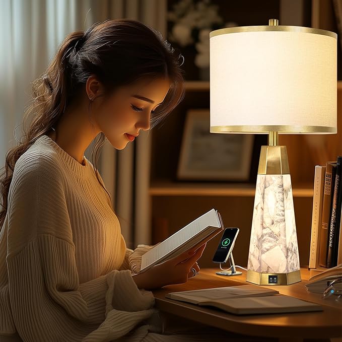 27" Natural Alabaster Table Lamps Set of 2 - Lamps for Living Room with Night Light, Bedside lamps with White Linen Shade, Nightstand Table Lamp with USB A+C Port for Bedroom Office (bulb included)