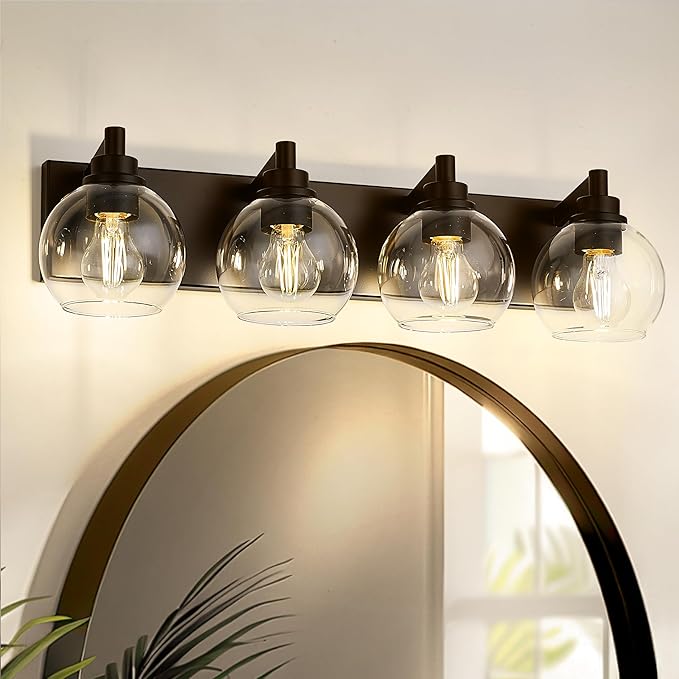 Bathroom Light Fixtures Over Mirror, 4-Light Oil Rubbed Bronze Bathroom Vanity Light with Globe Clear Glass Shade, 26 Inch Modern Sconces Wall Lighting, VL195-ORB-4