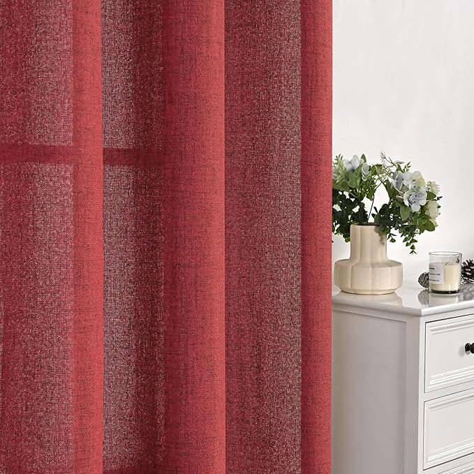 YoungsTex Red Linen Curtains for Living Room 72 Inches Long 2 Panels - Christmas Light Filtering Drapes with Back Tab Rod Pocket Privacy Semi Sheer for Bedroom, 52 X 72 Inch
