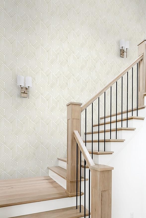 Ismoon 338"x17.3" Boho Wallpaper Peel and Stick Modern White Beige Wallpaper Geometric Contact Paper Neutral Line Removable Wall Paper Textured Hexagon Renter Friendly Kitchen Bathroom Vinyl Roll