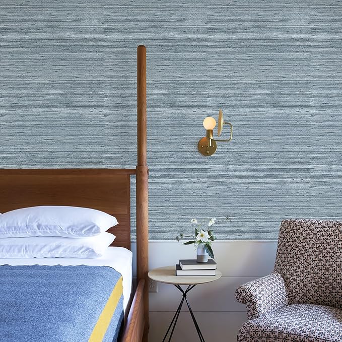 Grasscloth Peel and Stick Wallpaper 17.3" x 394" Blue Textured Grasscloth Wall Paper Renter Friendly Wallpaper Self Adhesive Removable for Bathroom Bedroom