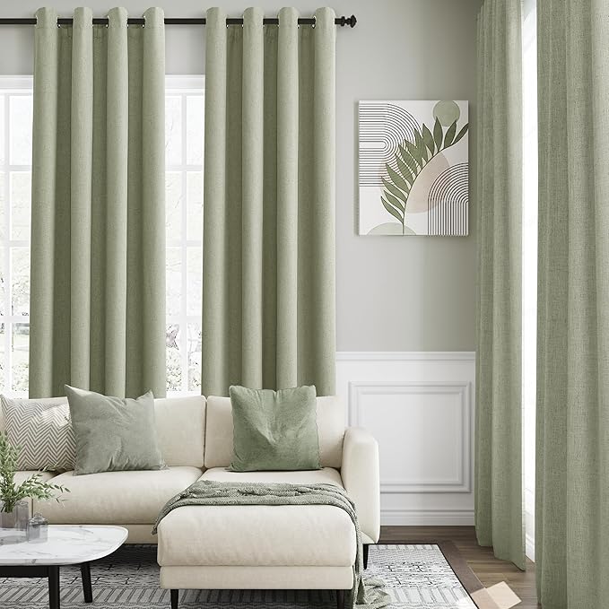 100% Blackout Linen Curtains for Bedroom Thermal Insulated Grommet Complete Blackout Drapes 100 Inch Length 2 Panels Set Heat and Full Light Blocking Living Room Darkening Curtains Sage Green