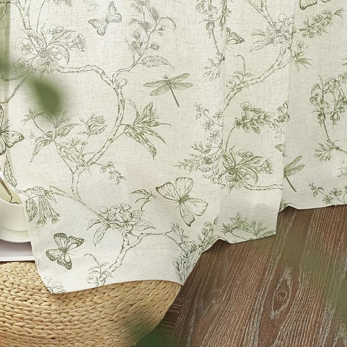 Lazzzy Farmhouse Linen Curtains Green Floral Curtains 108 Inch Length Back Tab Drapes for Living Room Bedroom Light Filtering Country Vintage Rod Pocket Curtain, 2 Panels, Green on Beige