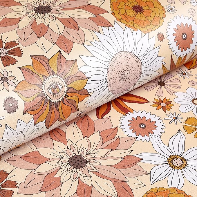 Livelynine 17.5x276 Retro Floral Peel and Stick Wallpaper Orange Pink Yellow Flower Mid Century Bathroom Wall Paper Waterproof Vintage Floral Contact Paper for Cabinets Self Adhesive Drawer Liner
