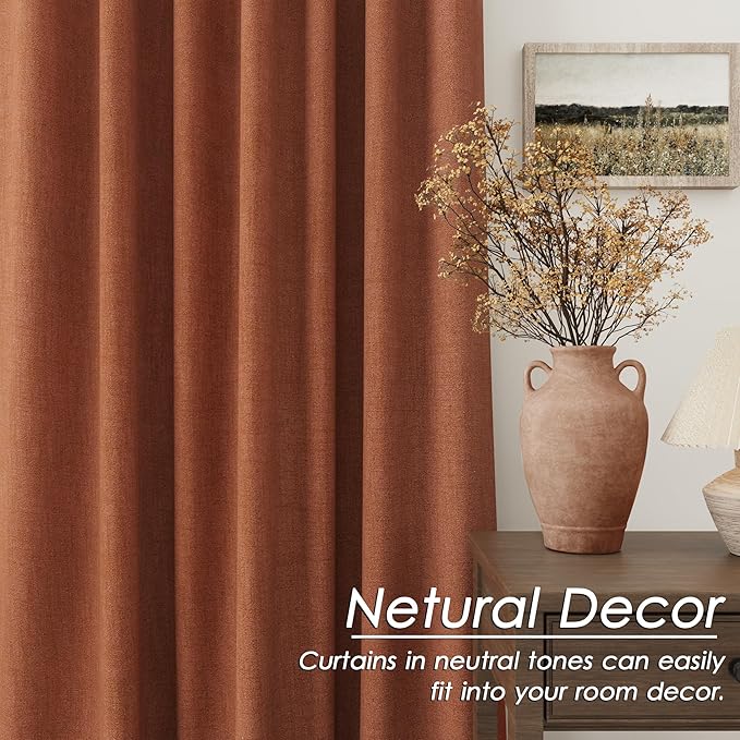 Grommet Terracotta Blackout Linen Curtains 84 inches Long for Bedroom Full Light Blocking Thermal Insulated Black Out Curtain Panels 84 Inch Length Energy Saving Room Darkening Curtain White Backing