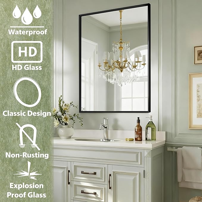 Black Bathroom Mirror 24x36 Inch Rectangular Wall Mirrors Modern Farmhouse Mirror Mounted Rectangle Hanging Mirror Frosted Metal Frame for Bathroom Bedroom Entryway Living/Dressing Room