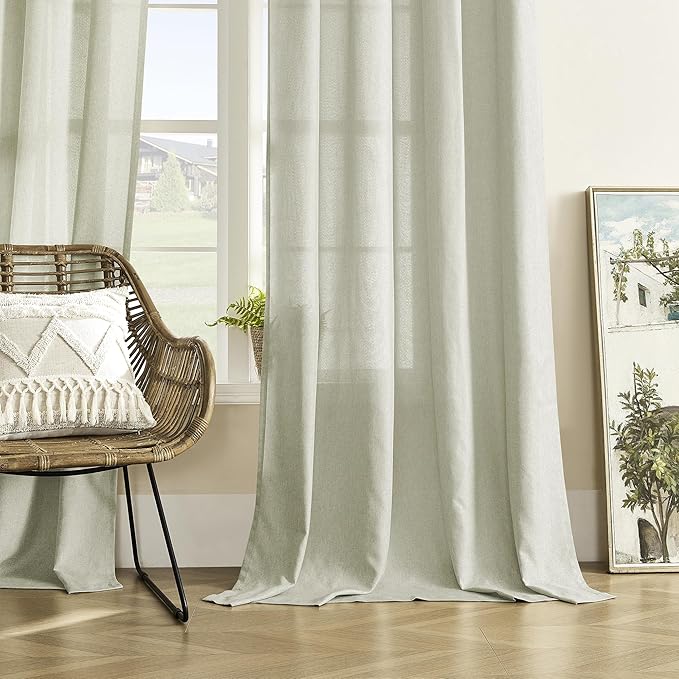 DONREN Natural Linen Curtains 96 Inches Long 2 Panels for Living Room Light Filtering Window Curtains Farmhouse Boho Draperies Back Tab Ivory Sheer Curtain for Playroom Office