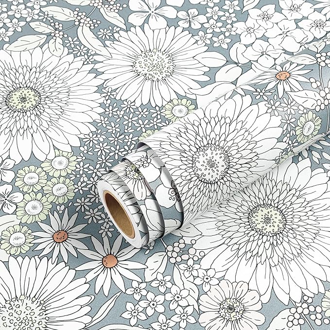 Livelynine Light Blue Floral Wallpaper Peel and Stick Boho Vintage Blue and White Prepasted Wallpaper for Bathroom Bedroom Removable Flower Contact Paper Vinyl Botanical Floral Shelf Liner 17.5x78.8