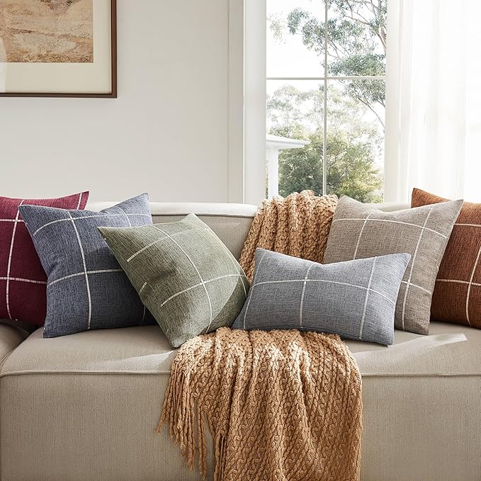 2 Packs Grid Embroidery Throw Pillow Covers, 22x22 Inch Olive, Farmhouse Linen Decorative Olive Cushion Covers for Sofa Bed Living Room Home Decor