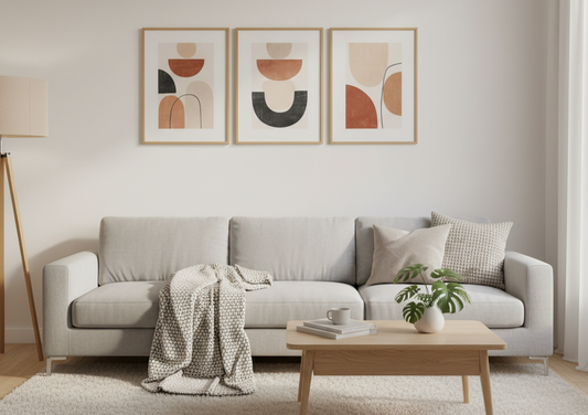 A set of three HOURIA Boho abstract geometric canvas art pieces displayed horizontally above a modern living room sofa