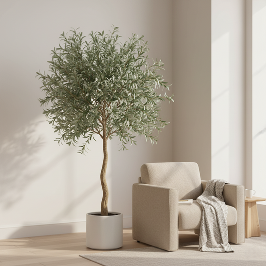 8FT Artificial Olive Tree — tall faux indoor plant with real wood trunk and white planter, ideal for modern natural home décor at Homestead Market.
