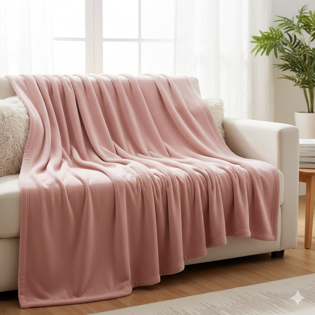 Bedsure GentleSoft pink fleece blanket in 90x90 size draped on a couch.
