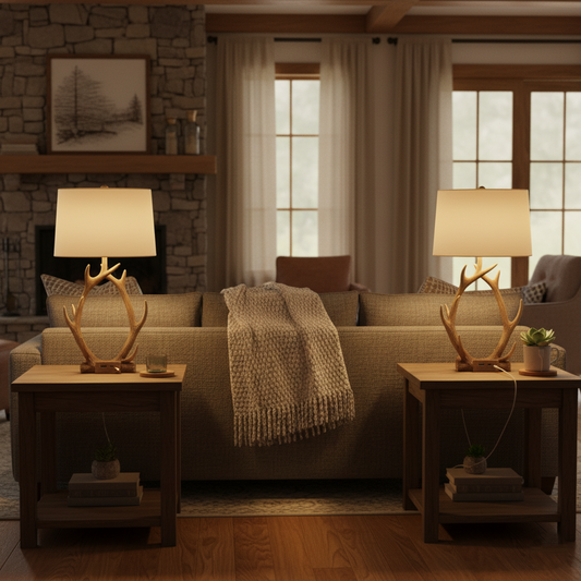 An interior photo showing a pair of Scenekoy antler lamps placed symmetrically on either end of a sofa, cozily illuminating the living room