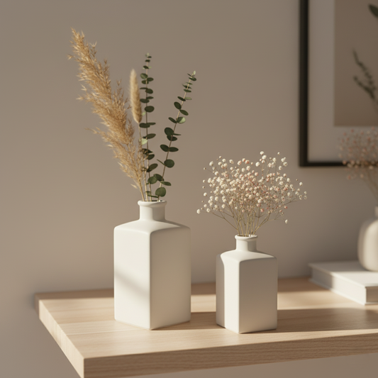 White Ceramic Vase Set of 2 — minimalist Nordic-style square ceramic vases for living room, shelf, and table décor at Homestead Market.